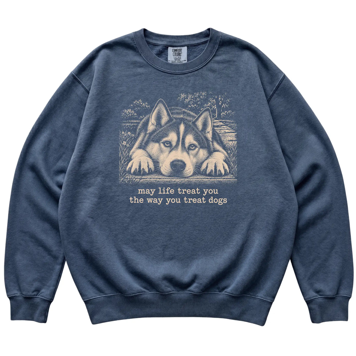 Husky Karma Comfort Colors sweatshirt in Denim — Flat Lay