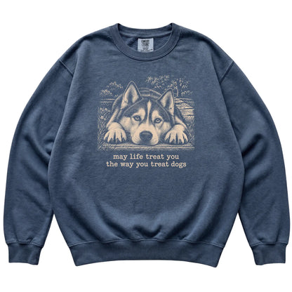 Husky Karma Comfort Colors sweatshirt in Denim — Flat Lay