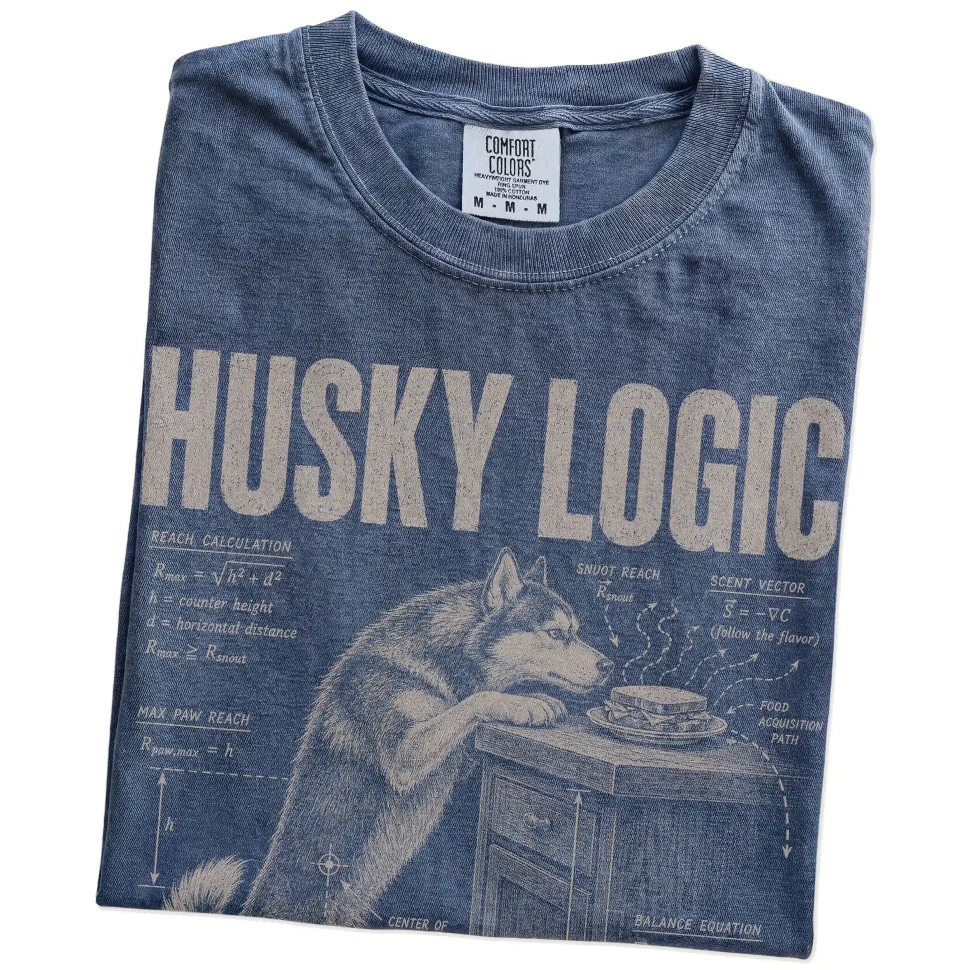 Folded Denim Husky Logic t-shirt showing the graphic