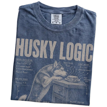 Folded Denim Husky Logic t-shirt showing the graphic