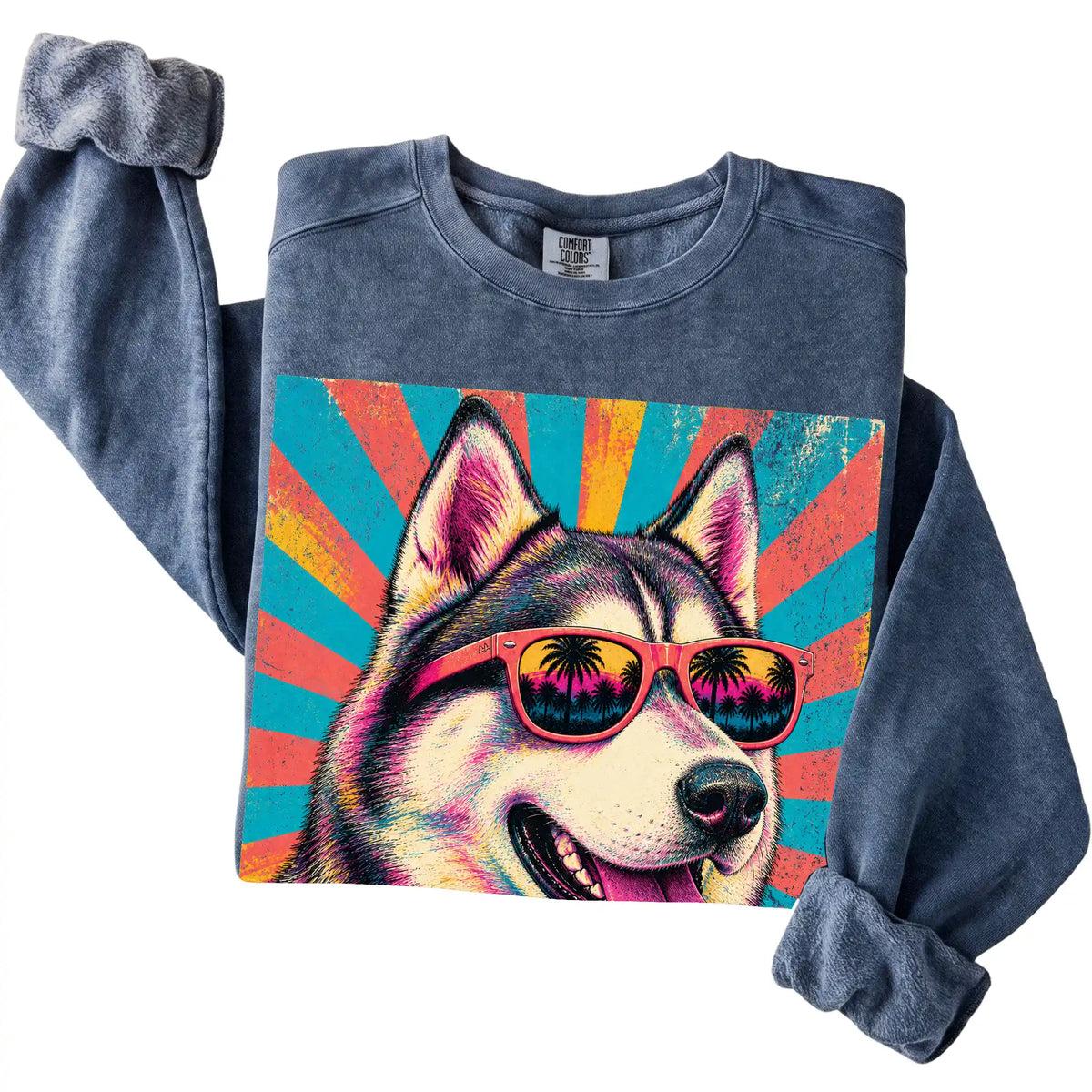 Folded Denim Comfort Colors sweatshirt with a Retro Husky Mama design