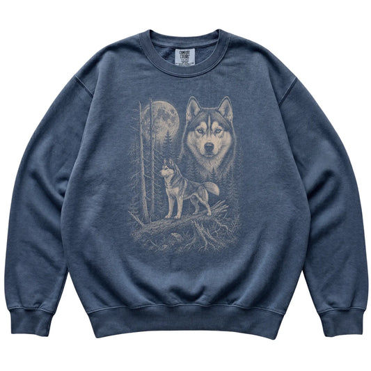 Denim Husky Moonlit Forest Comfort Colors sweatshirt, flat view