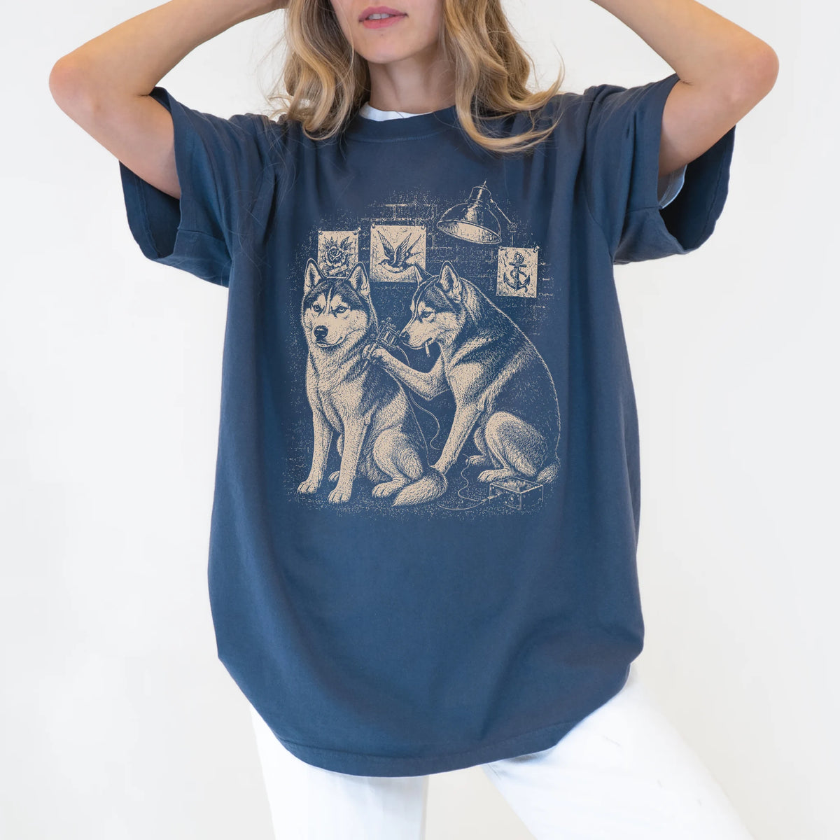 Person wearing a Denim Husky Tattoo t-shirt