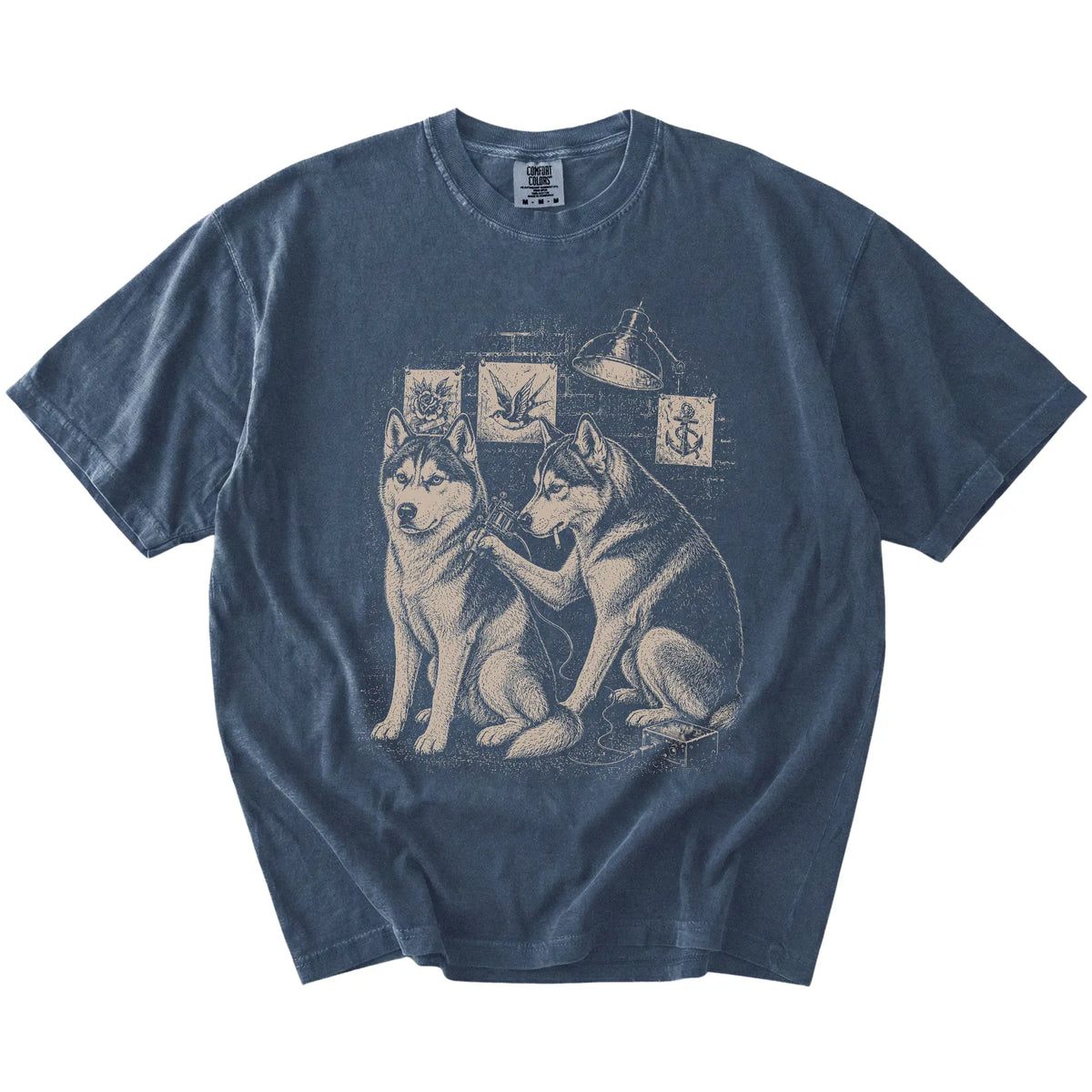 Denim Husky Tattoo t-shirt laid flat