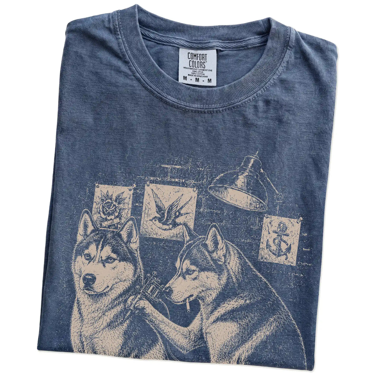 Folded Denim Husky Tattoo t-shirt showing the graphic