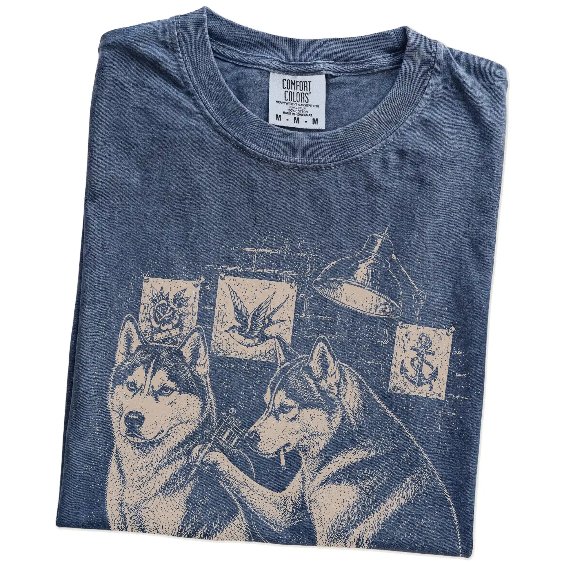 Folded Denim Husky Tattoo t-shirt showing the graphic