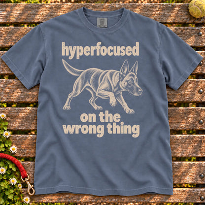 Denim T-shirt with Belgian Malinois “hyperfocused on the wrong thing” design