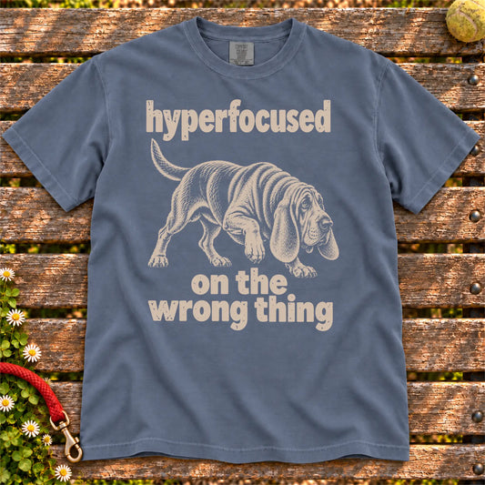 Denim T-shirt with Bloodhound “hyperfocused on the wrong thing” design