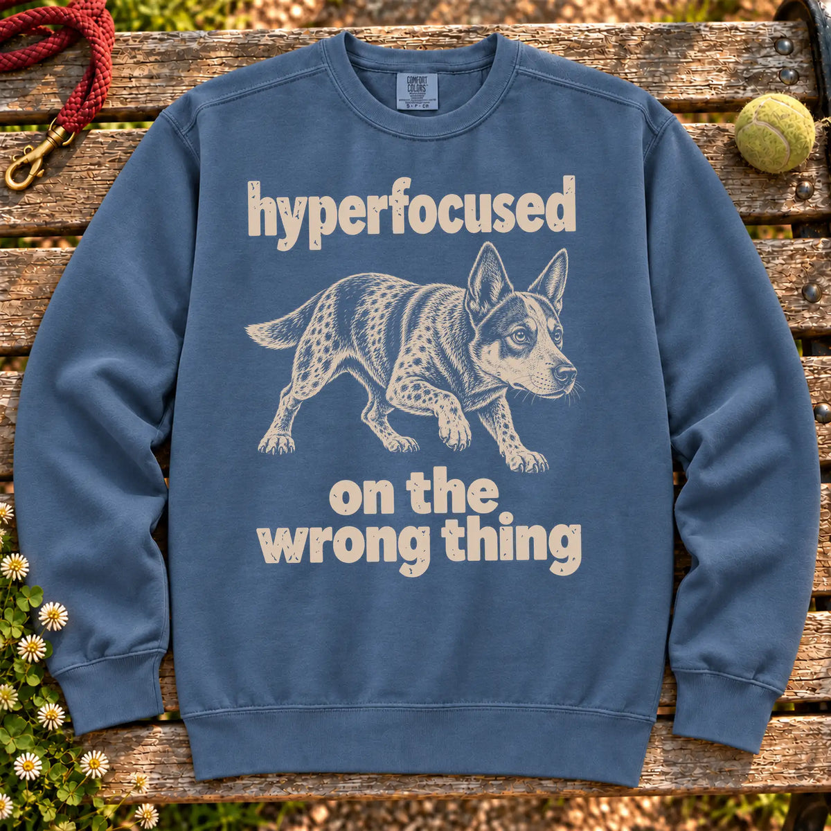 Denim sweatshirt with Blue Heeler “hyperfocused on the wrong thing” design