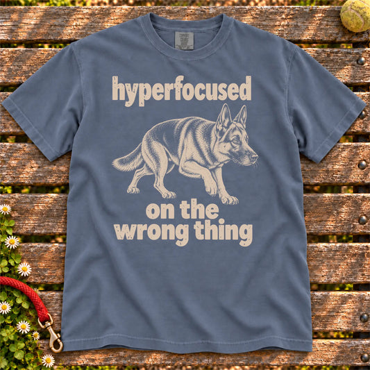 Denim T-shirt with German Shepherd “hyperfocused on the wrong thing” design