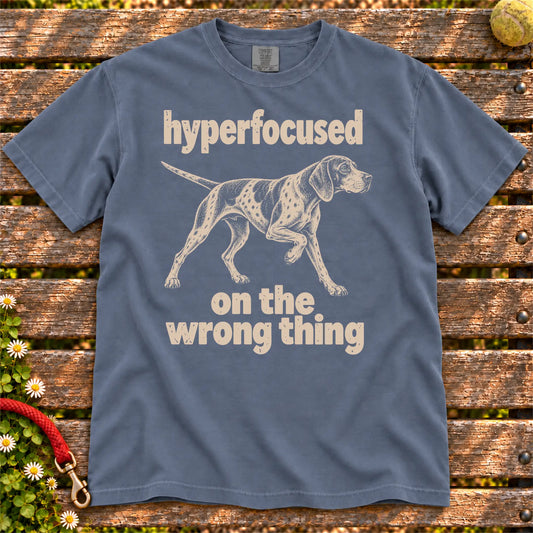 Denim T-shirt with Pointer “hyperfocused on the wrong thing” design