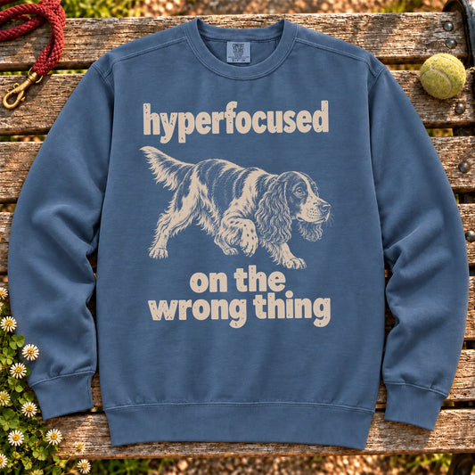 Denim sweatshirt with Springer Spaniel “hyperfocused on the wrong thing” design