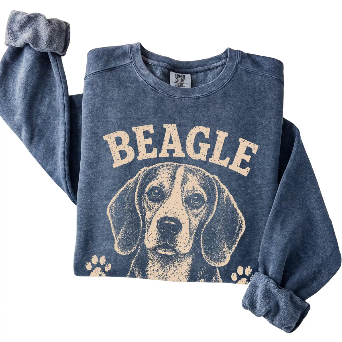 Denim Comfort Colors® sweatshirt featuring I Follow My Nose & My Own Rules - Beagle, folded presentation