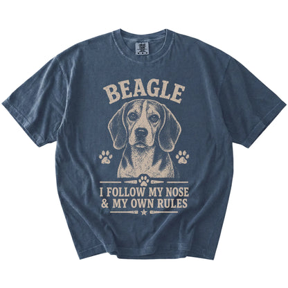 Beagle design with “I Follow My Nose & My Own Rules” lettering on a Denim Comfort Colors® T-shirt