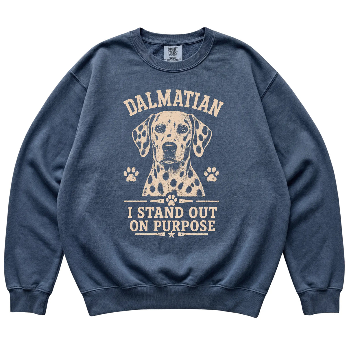 Denim Comfort Colors® sweatshirt featuring I Stand Out On Purpose - Dalmatian, laid-flat presentation