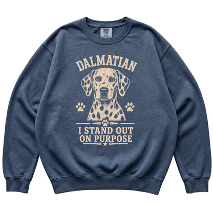 Denim Comfort Colors® sweatshirt featuring I Stand Out On Purpose - Dalmatian, laid-flat presentation