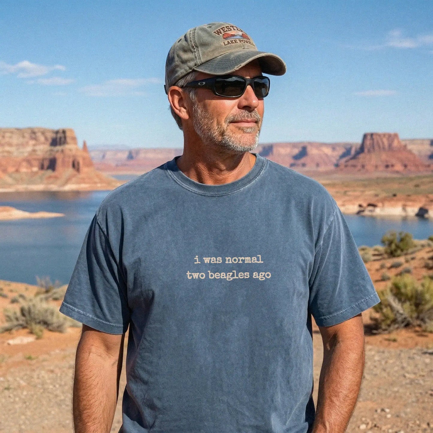 Model wearing a Denim Comfort Colors® T-shirt with i was normal two beagles ago lettering