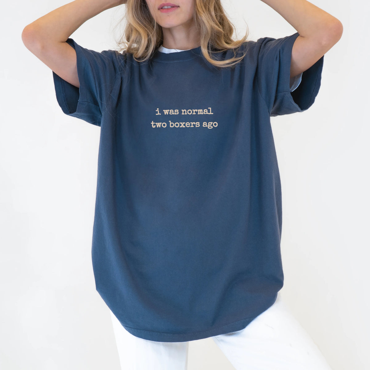 Model wearing a Denim Comfort Colors® T-shirt with i was normal two boxers ago lettering