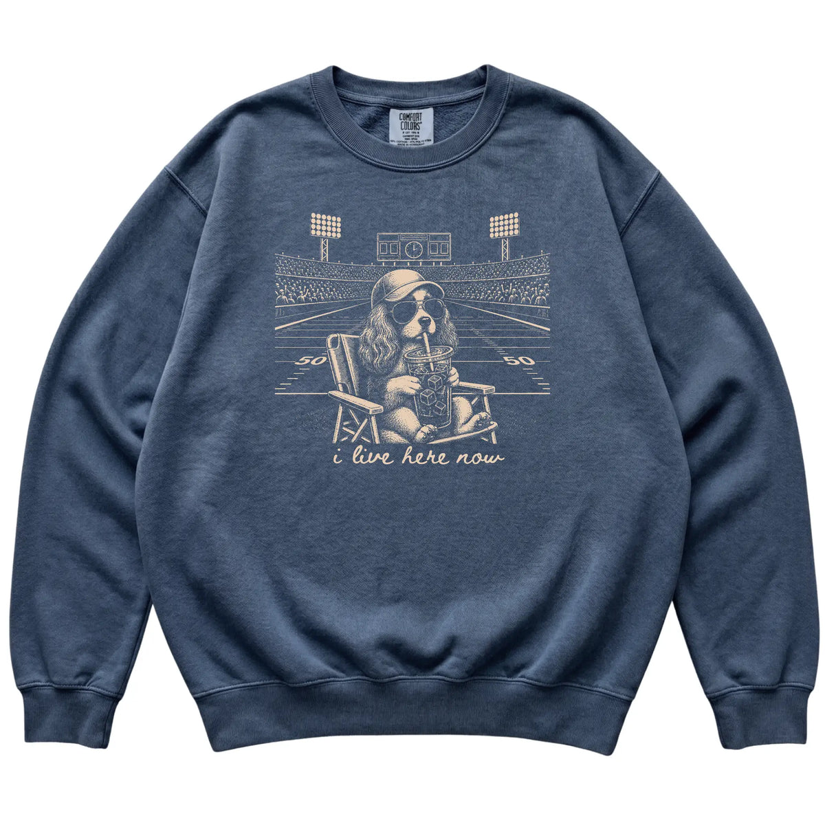 Denim I live here now Cavalier King Charles Spaniel sweatshirt, laid flat