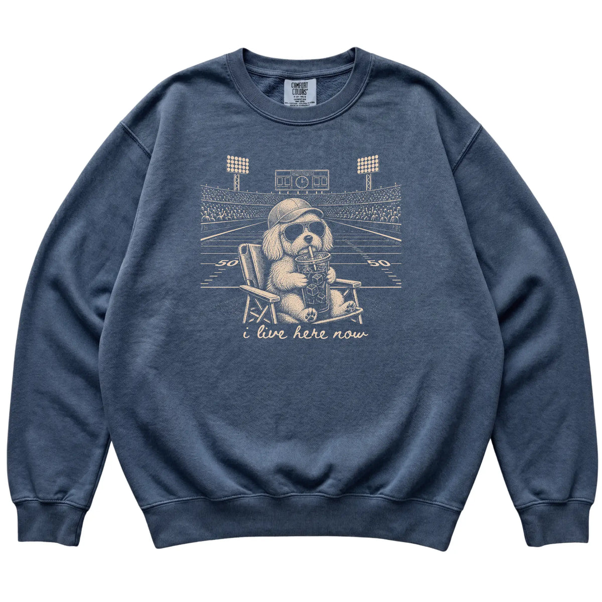 Denim I live here now Maltese sweatshirt, laid flat