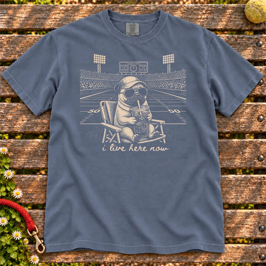 Pug Iced Coffee Football design on a Denim Comfort Colors T-shirt, shown flat