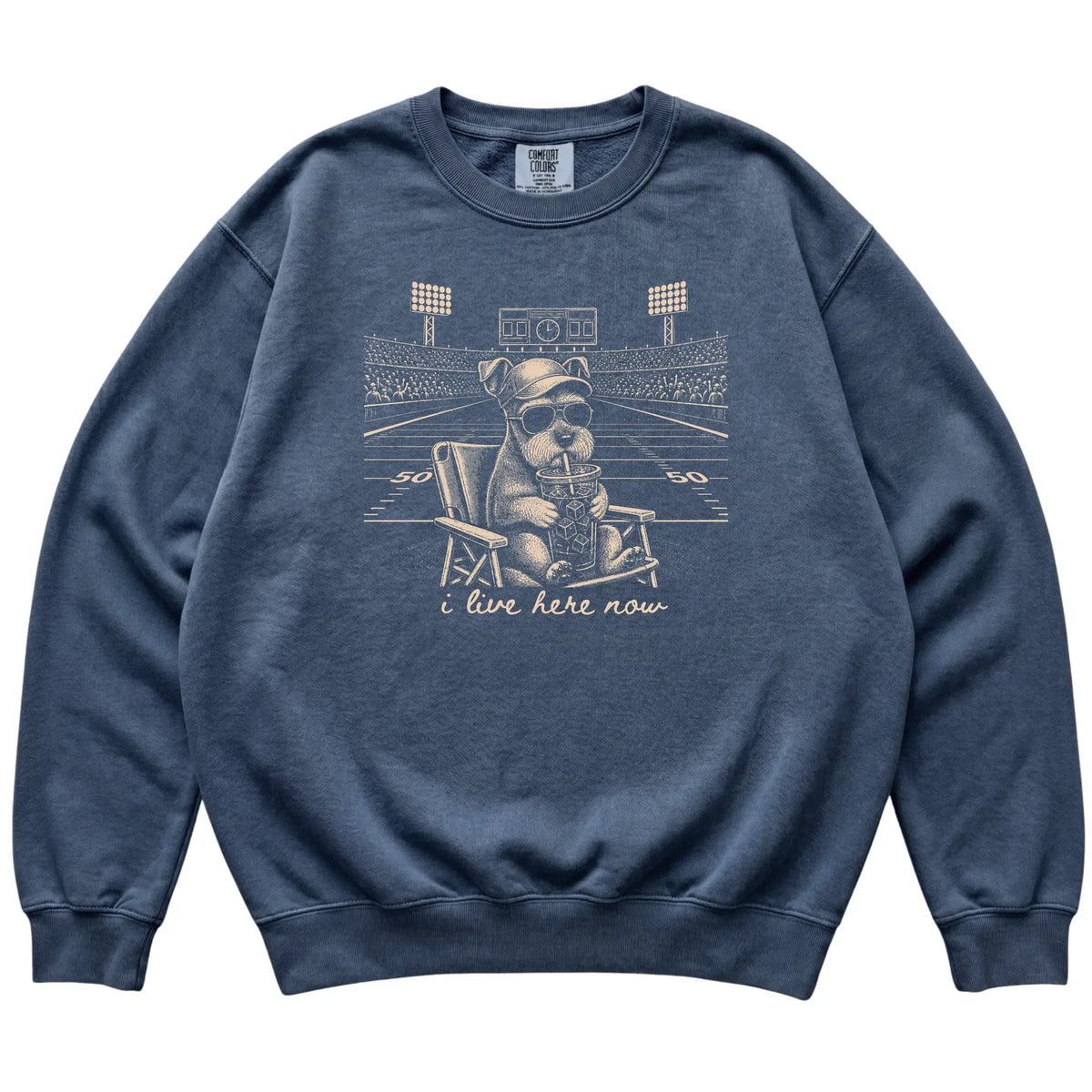 Denim I live here now Schnauzer sweatshirt, laid flat