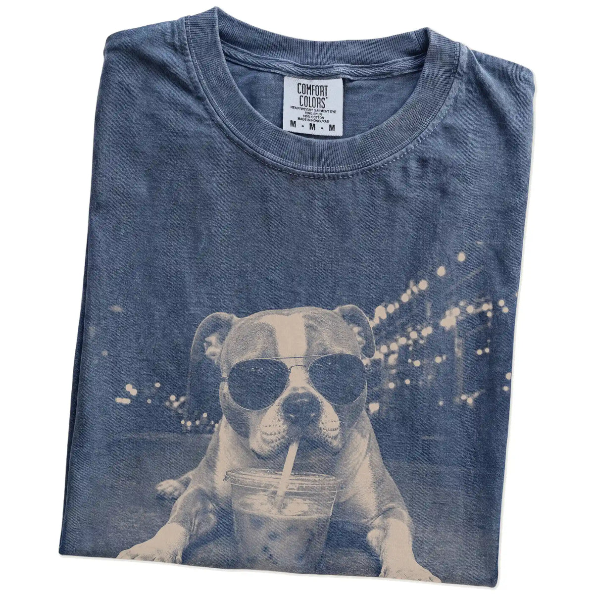 Folded Denim Comfort Colors® T-shirt showing American Bulldog with iced coffee in a retro grunge design