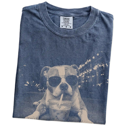 Folded Denim Comfort Colors® T-shirt showing American Bulldog with iced coffee in a retro grunge design