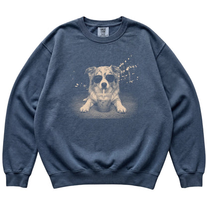 Australian Shepherd wearing aviator sunglasses and drinking iced coffee on a Denim Comfort Colors 1566 Sweatshirt, flat lay view