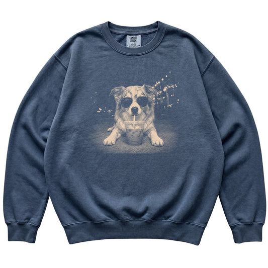 Australian Shepherd wearing aviator sunglasses and drinking iced coffee on a Denim Comfort Colors 1566 Sweatshirt, flat lay view