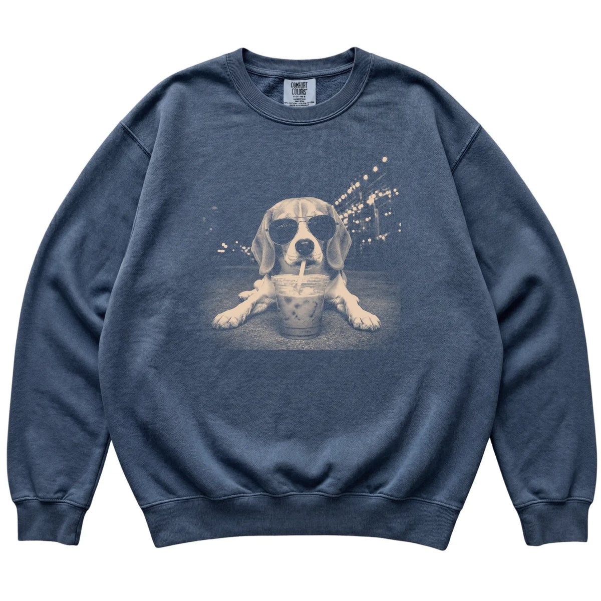 Beagle wearing aviator sunglasses and drinking iced coffee on a Denim Comfort Colors 1566 Sweatshirt, flat lay view