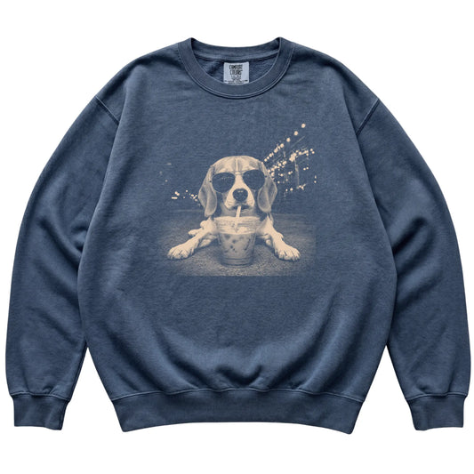 Beagle wearing aviator sunglasses and drinking iced coffee on a Denim Comfort Colors 1566 Sweatshirt, flat lay view