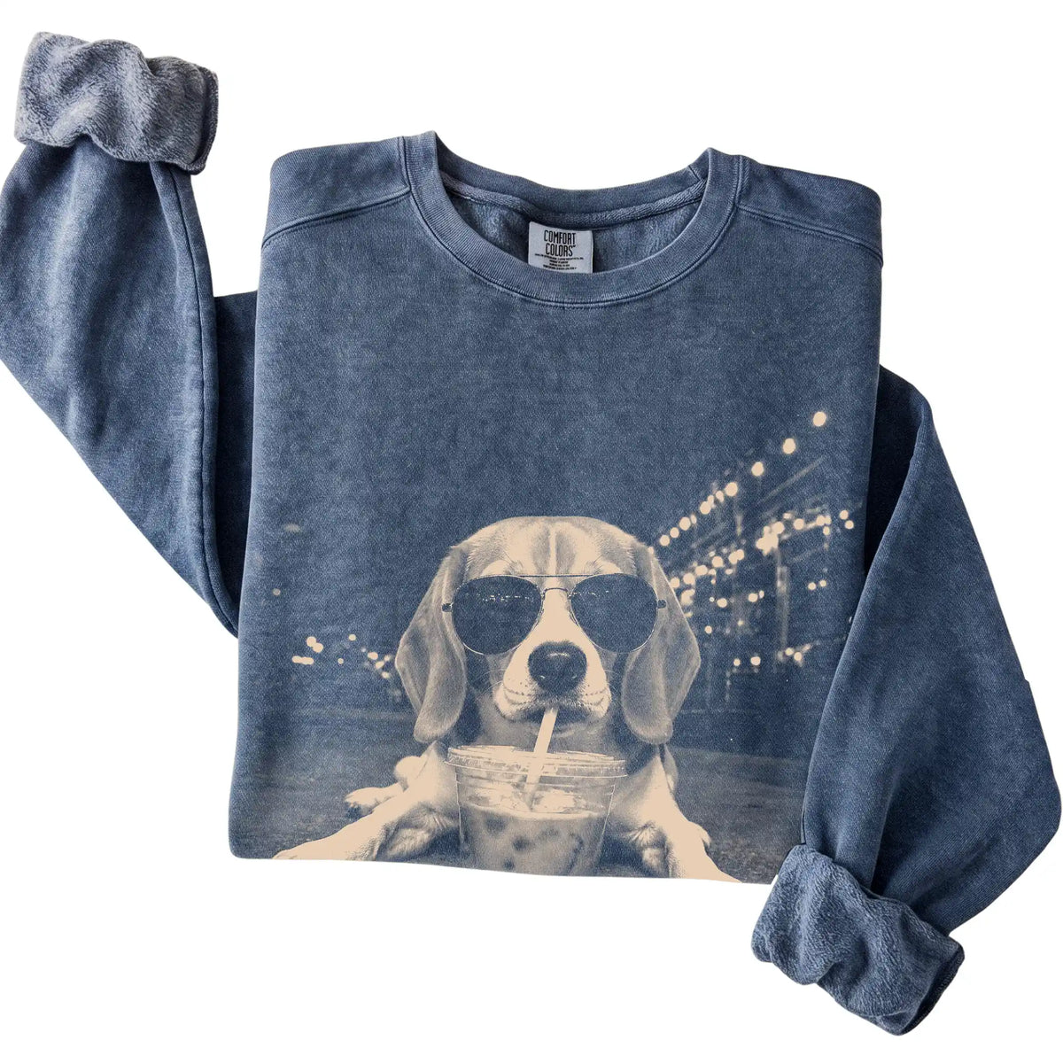 Beagle wearing aviator sunglasses and drinking iced coffee on a Denim Comfort Colors 1566 Sweatshirt, folded view