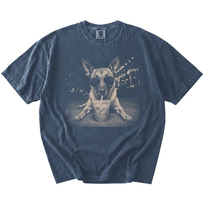 Belgian Malinois with iced coffee in a retro grunge design on a Denim Comfort Colors® T-shirt