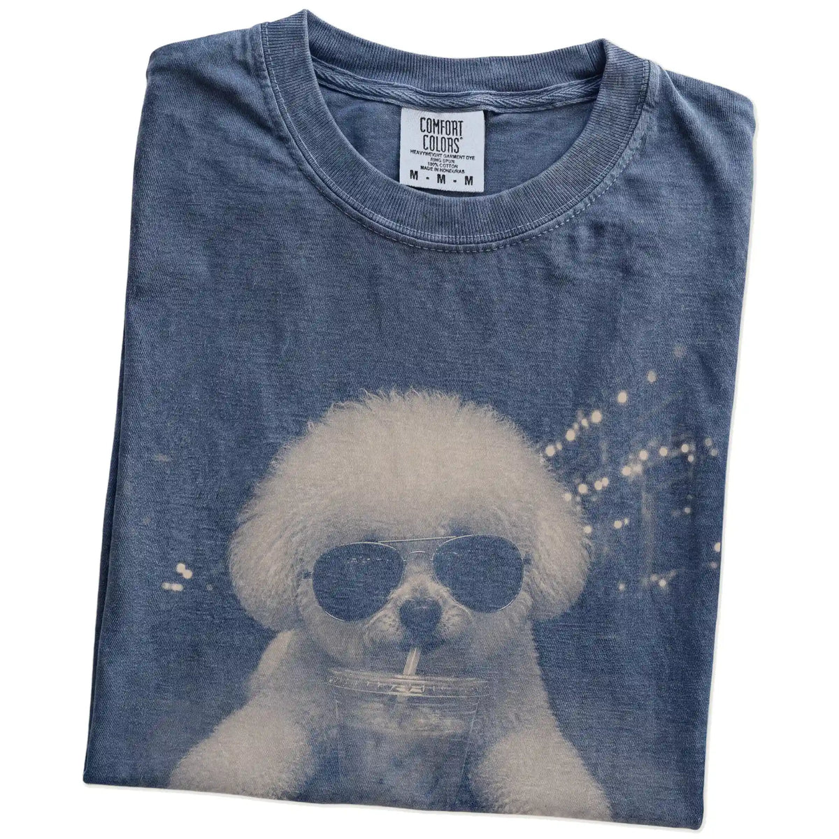Folded Denim Comfort Colors® T-shirt showing Bichon Frise with iced coffee in a retro grunge design