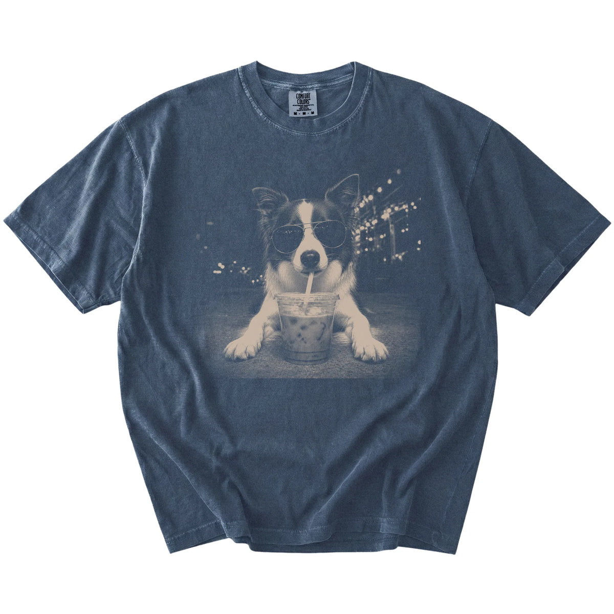 Border Collie with iced coffee in a retro grunge design on a Denim Comfort Colors® T-shirt