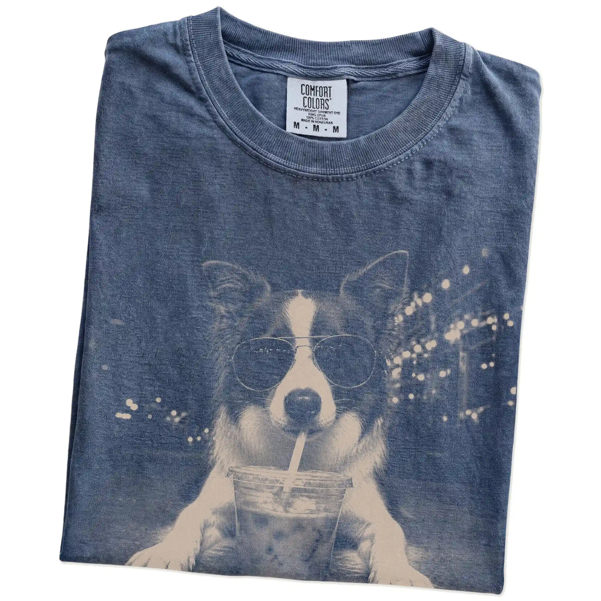 Folded Denim Comfort Colors® T-shirt showing Border Collie with iced coffee in a retro grunge design
