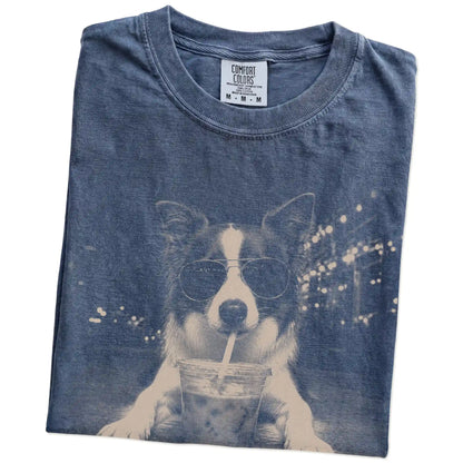 Folded Denim Comfort Colors® T-shirt showing Border Collie with iced coffee in a retro grunge design