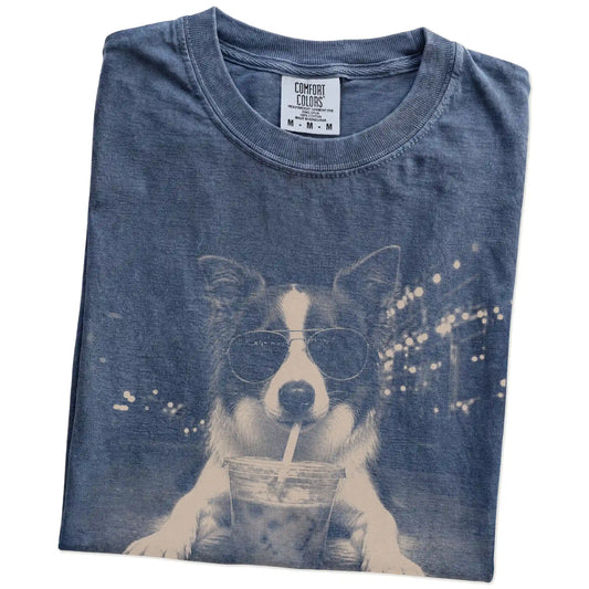 Folded Denim Comfort Colors® T-shirt showing Border Collie with iced coffee in a retro grunge design