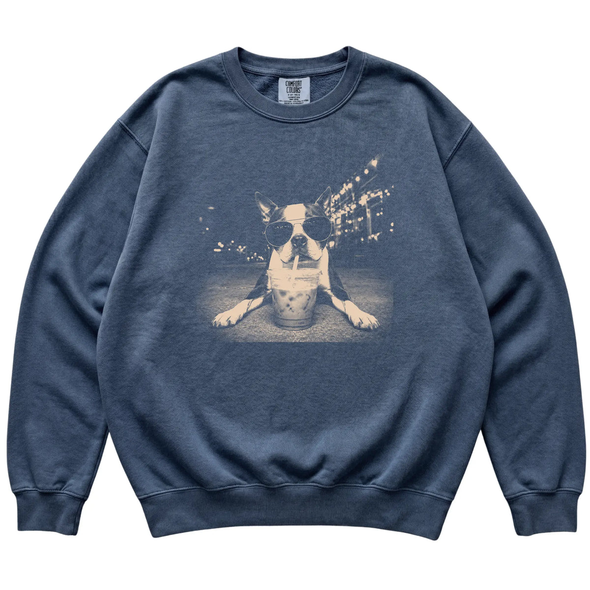 Boston Terrier wearing aviator sunglasses and drinking iced coffee on a Denim Comfort Colors 1566 Sweatshirt, flat lay view