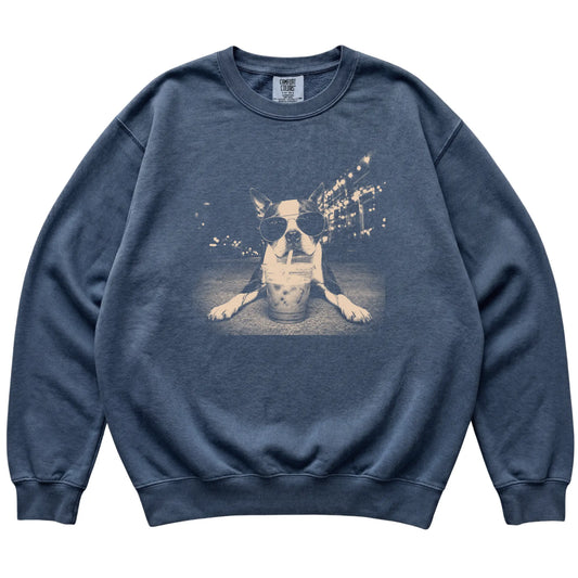 Boston Terrier wearing aviator sunglasses and drinking iced coffee on a Denim Comfort Colors 1566 Sweatshirt, flat lay view