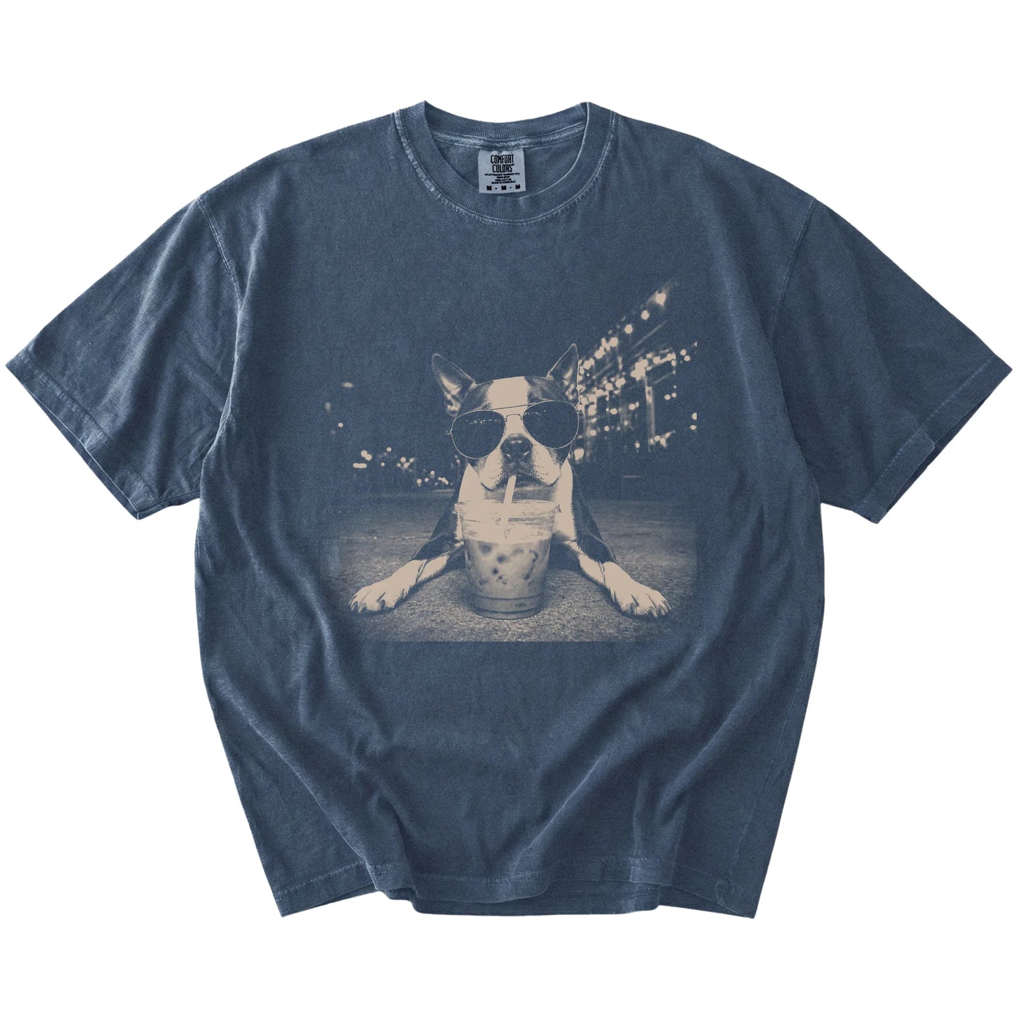 Boston Terrier with iced coffee in a retro grunge design on a Denim Comfort Colors® T-shirt