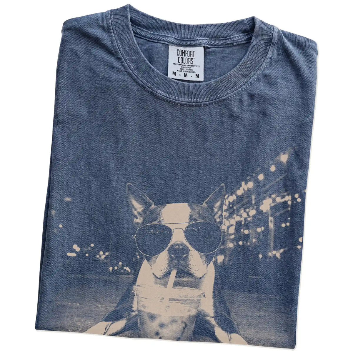 Folded Denim Comfort Colors® T-shirt showing Boston Terrier with iced coffee in a retro grunge design