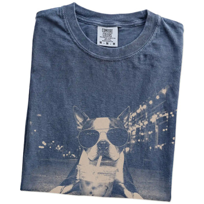 Folded Denim Comfort Colors® T-shirt showing Boston Terrier with iced coffee in a retro grunge design
