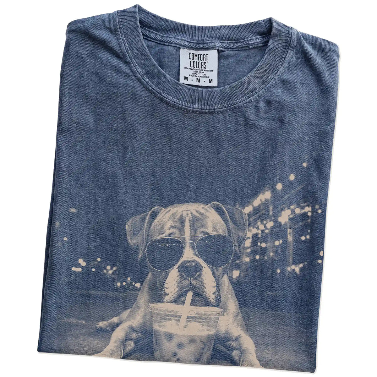 Folded Denim Comfort Colors® T-shirt showing Boxer with iced coffee in a retro grunge design