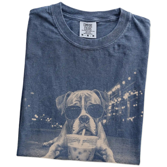 Folded Denim Comfort Colors® T-shirt showing Boxer with iced coffee in a retro grunge design