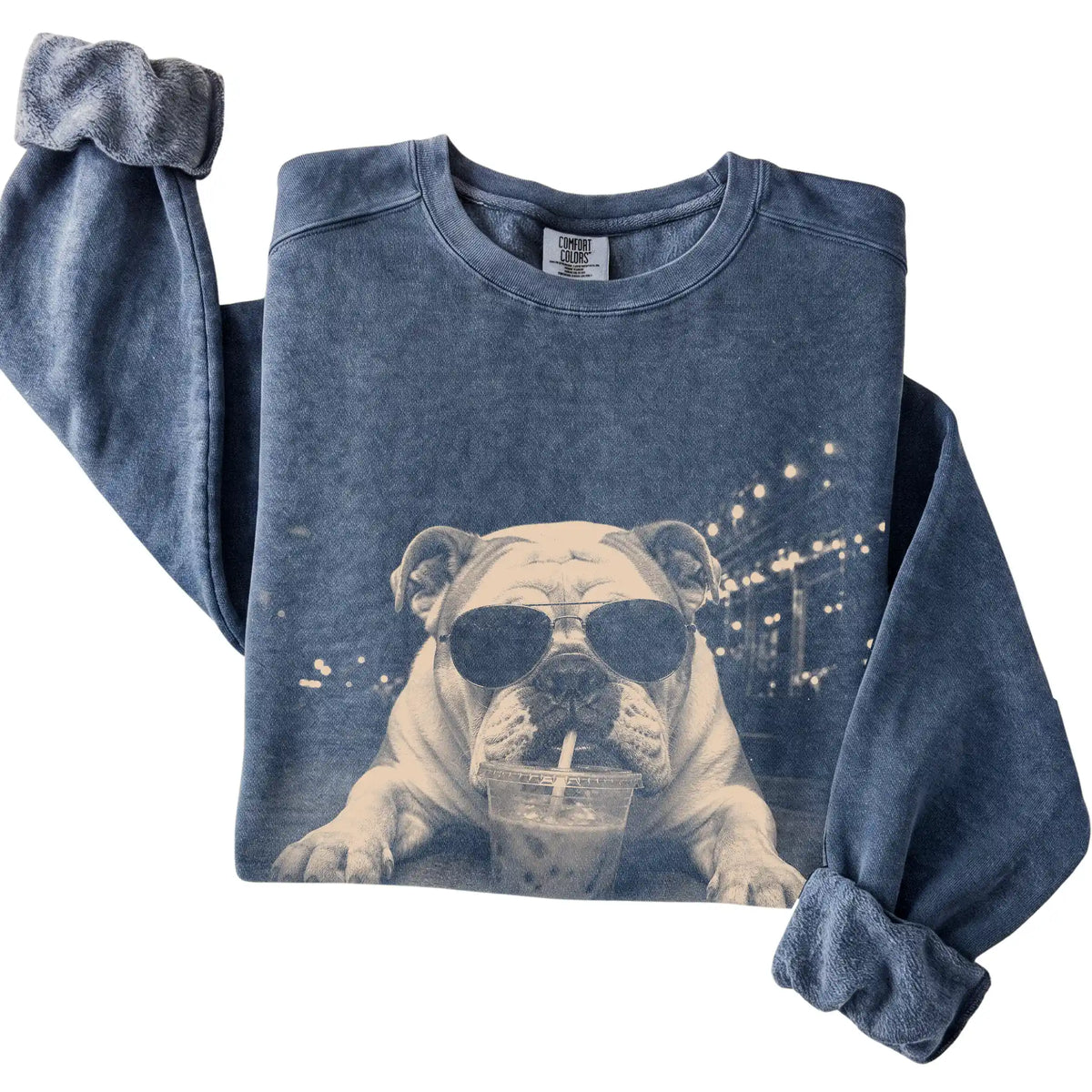 Bulldog wearing aviator sunglasses and drinking iced coffee on a Denim Comfort Colors 1566 Sweatshirt, folded view
