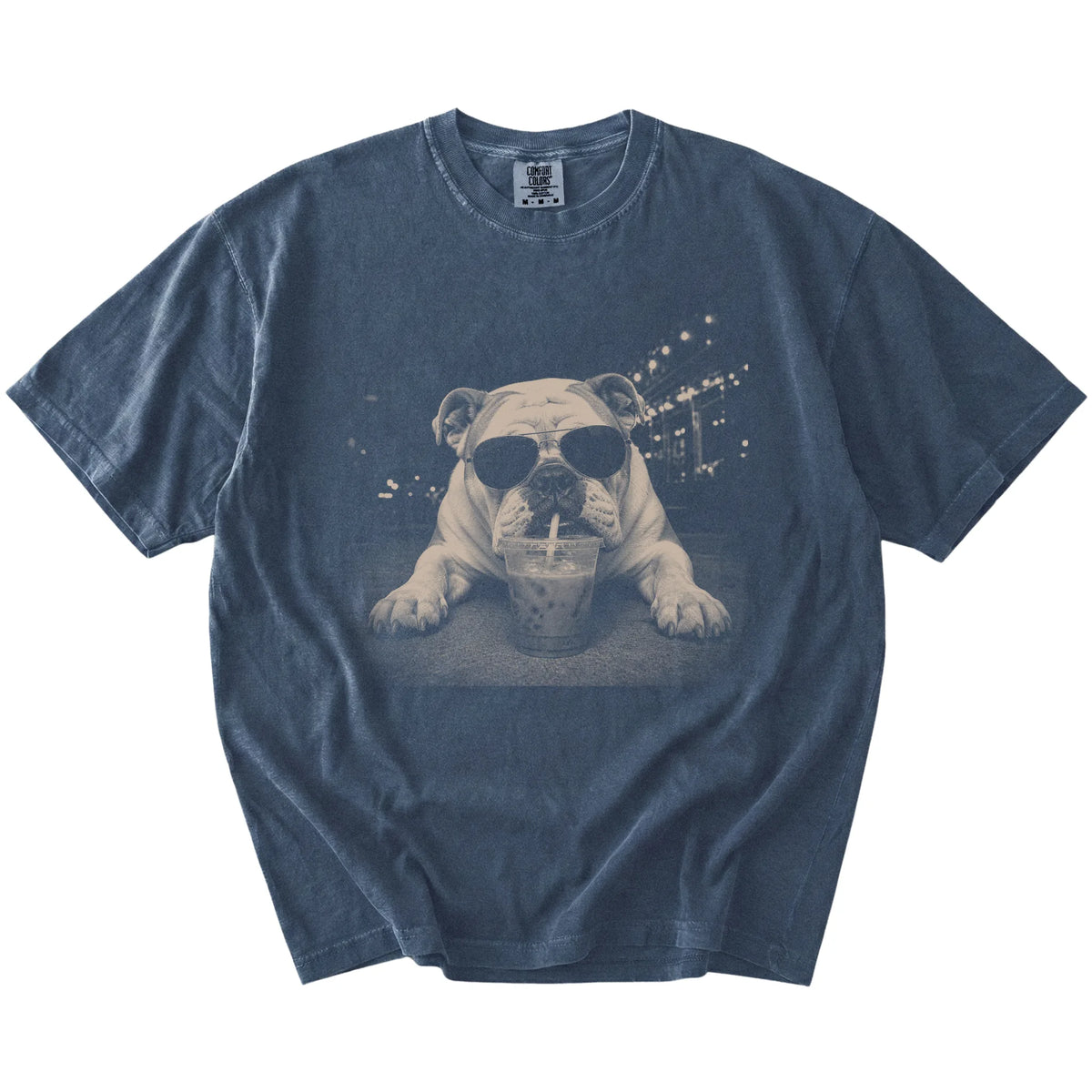 Bulldog with iced coffee in a retro grunge design on a Denim Comfort Colors® T-shirt