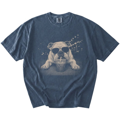 Bulldog with iced coffee in a retro grunge design on a Denim Comfort Colors® T-shirt