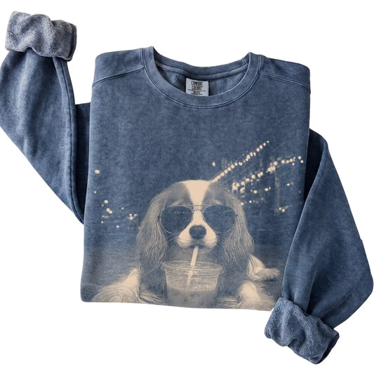 Cavalier King Charles Spaniel wearing aviator sunglasses and drinking iced coffee on a Denim Comfort Colors 1566 Sweatshirt, folded view